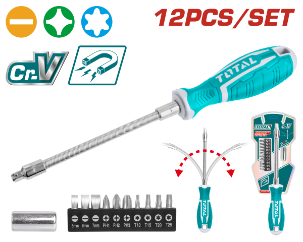 TOTAL 12 Pcs flexible shaft screwdriver set - THT250FL1206