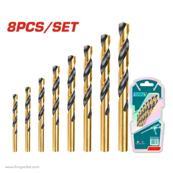 TOTAL 8 Pcs HSS Twist Drill Bits Set - TACSD0801