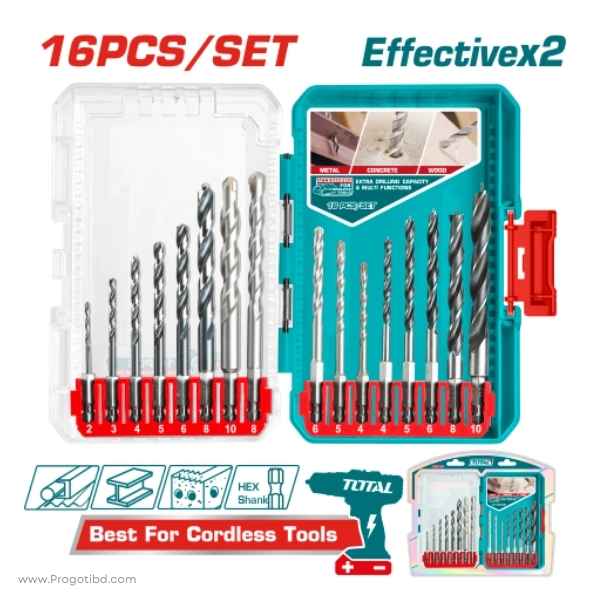 TOTAL 16 Pcs Metal, Masonry & Wood Drill Bits Set - TACSDL11608